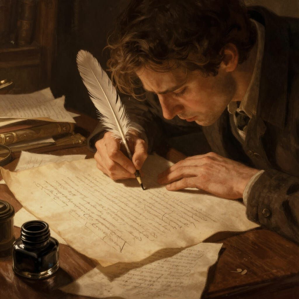 Writer Concentrating on Script in Dimly Lit Study