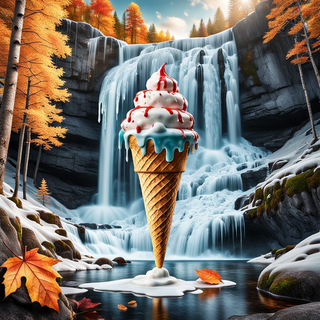 Giant Ice Cream Melts in Autumn Forest