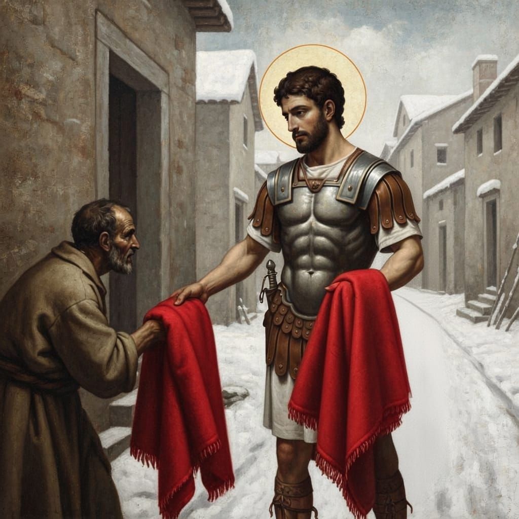 Saint Martin Shares Cloak with Beggar in Snowy Roman Village