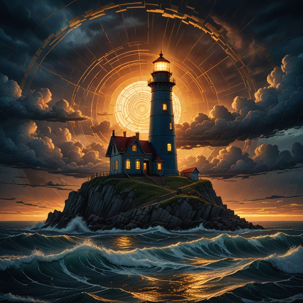 Dramatic Lighthouse in Stormy Sunset Mosaic