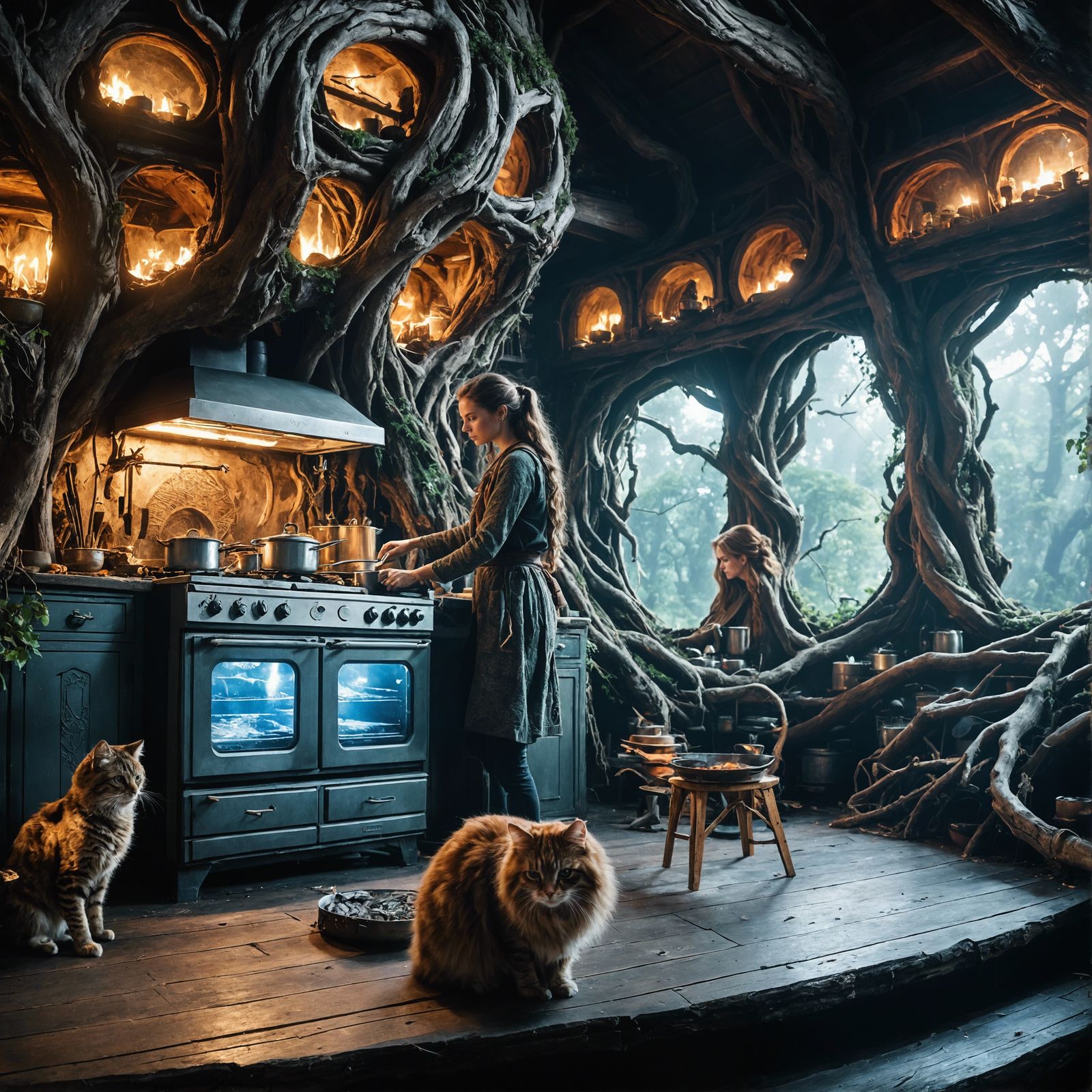 Futuristic Treehouse Druid with Cybernetic Cats