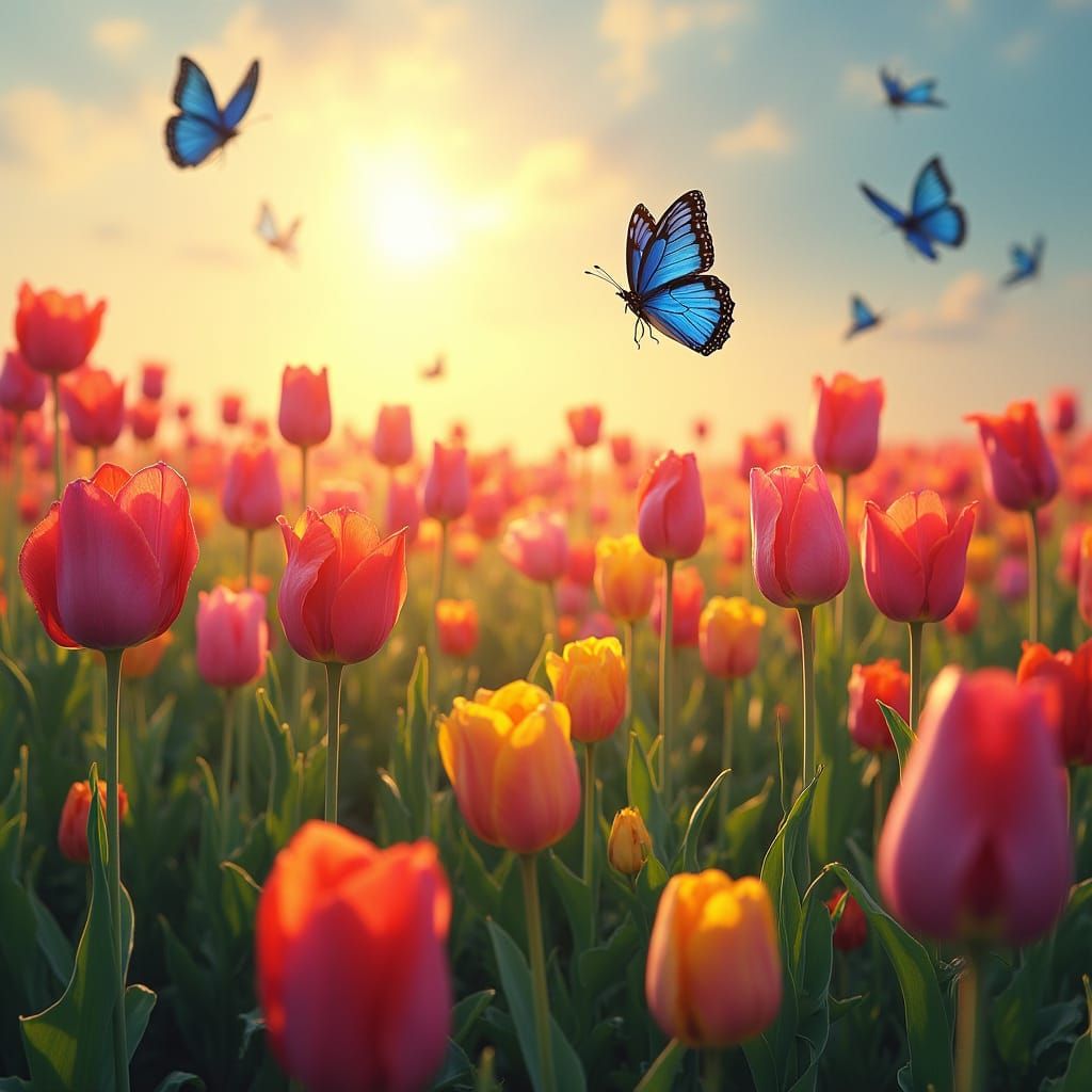 Colorful Tulip Field with Butterflies in Photorealistic Styl...
