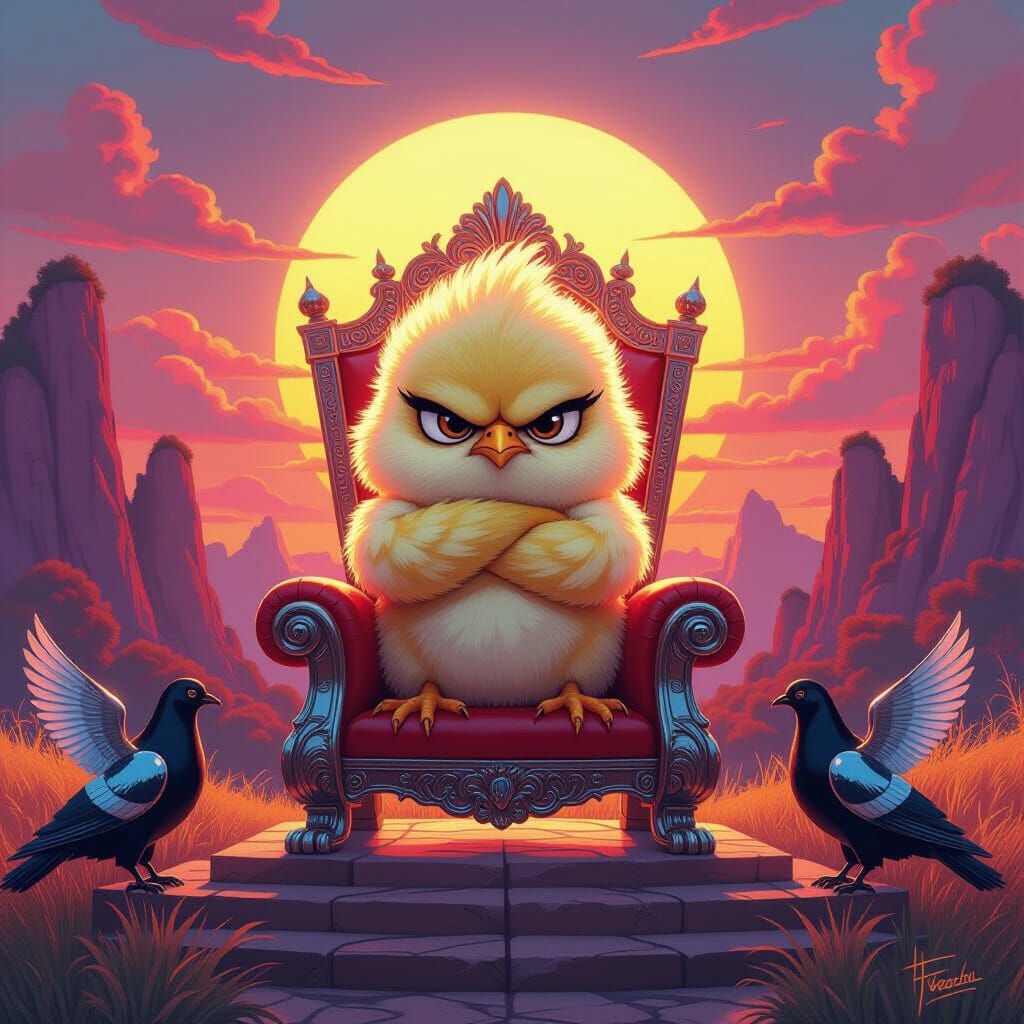 Chick on Crystal Throne in Klimt-style Landscape