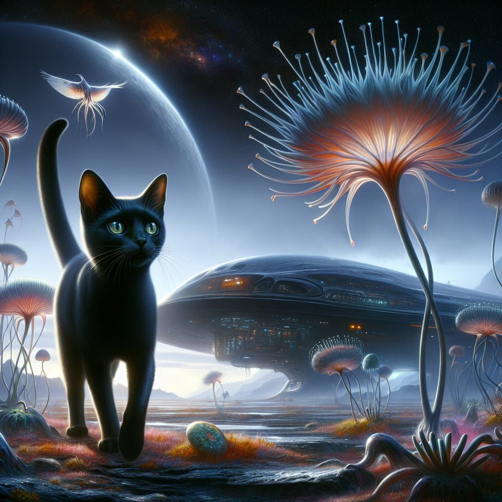 Black Cat Explores Alien World with Futuristic Spaceship