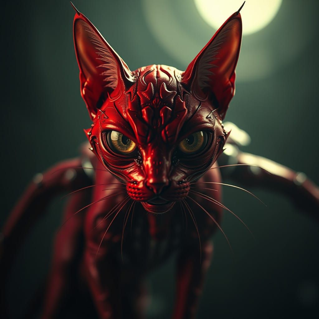 Ethereal Red Alien Tomcat in Dark, Mystical Style