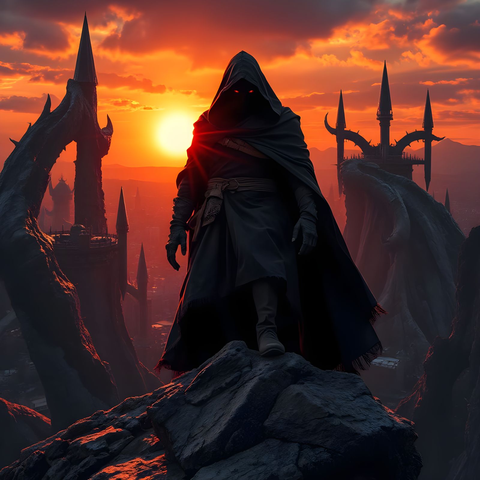 Ethereal Dark Ruler Emerges from the Blazing Sunset