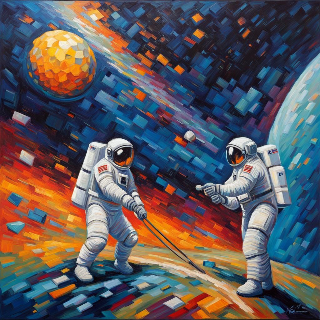 Astronauts in Space: An Expressionist Oil Painting