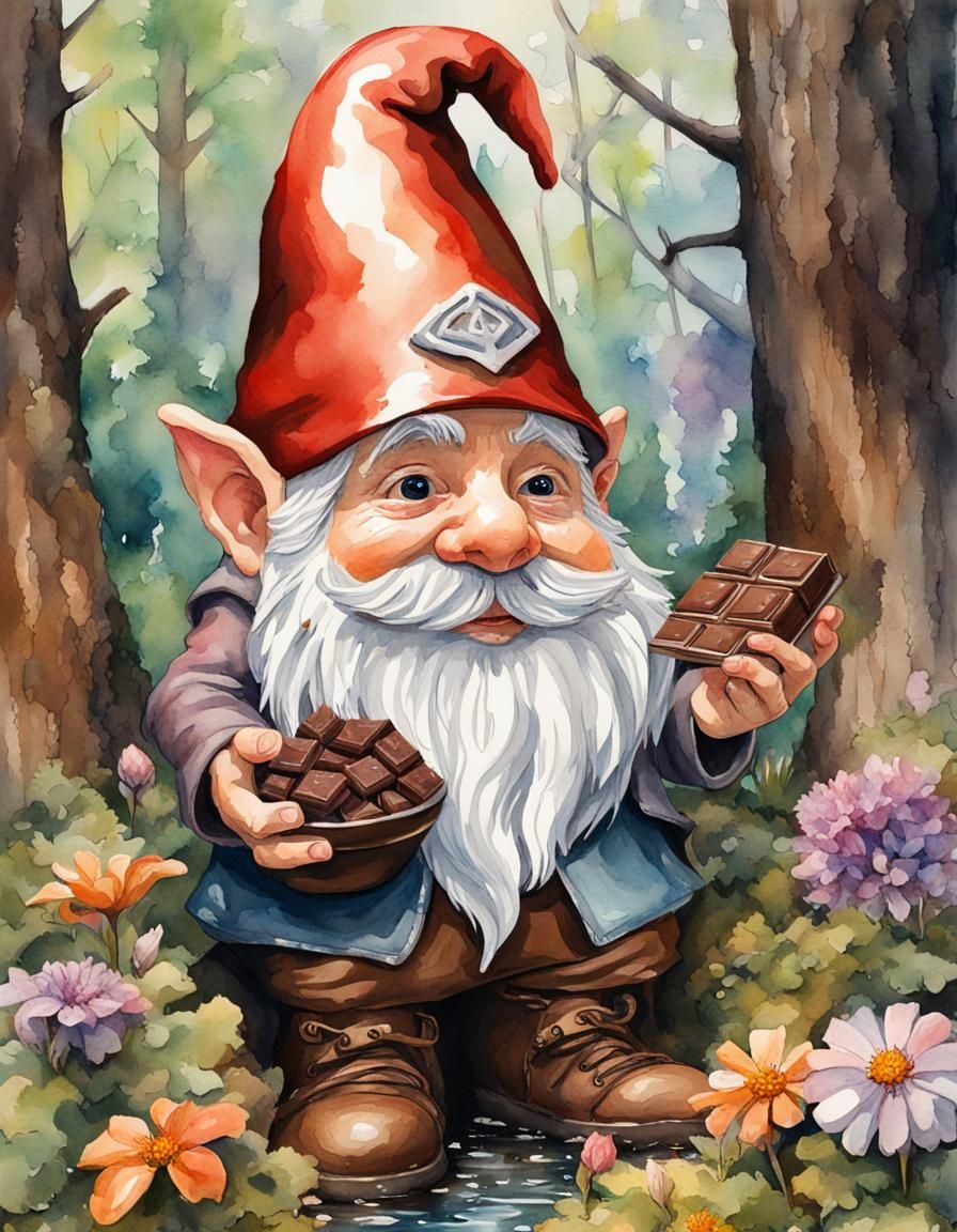 Watercolor Gnome with Chocolate in Forest