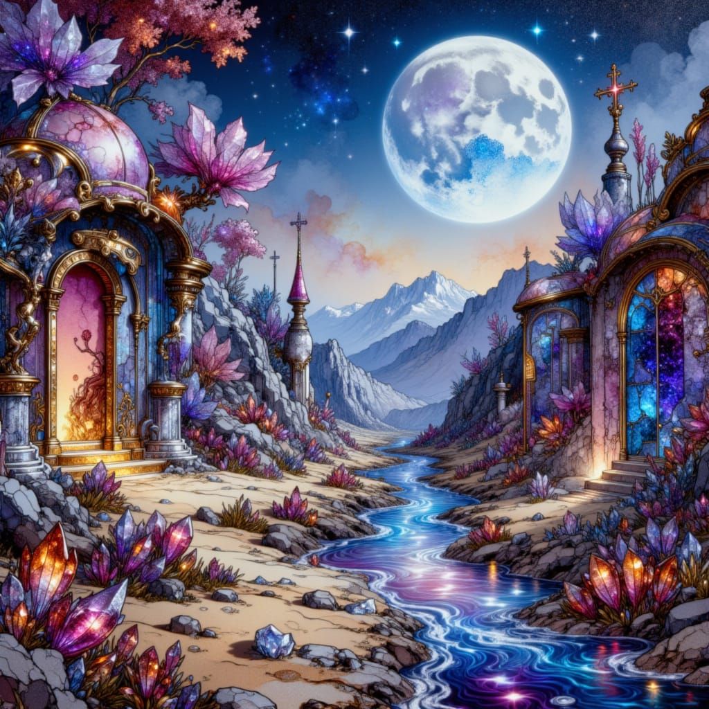 Dreamlike Surrealist Landscape in Ethereal Moonlight