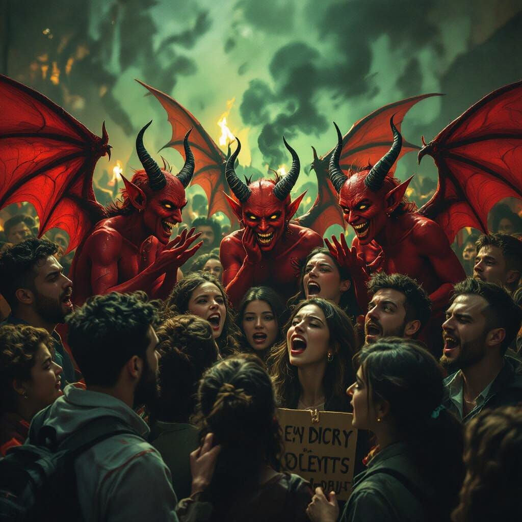 Little Devils Whisper to Agitated Protesters in Surrealist S...