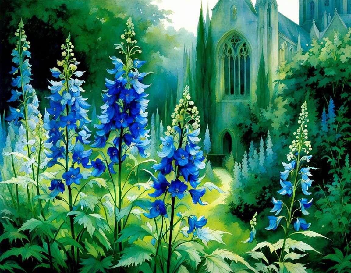 Delphinium and Monkshood in a Mystical Garden