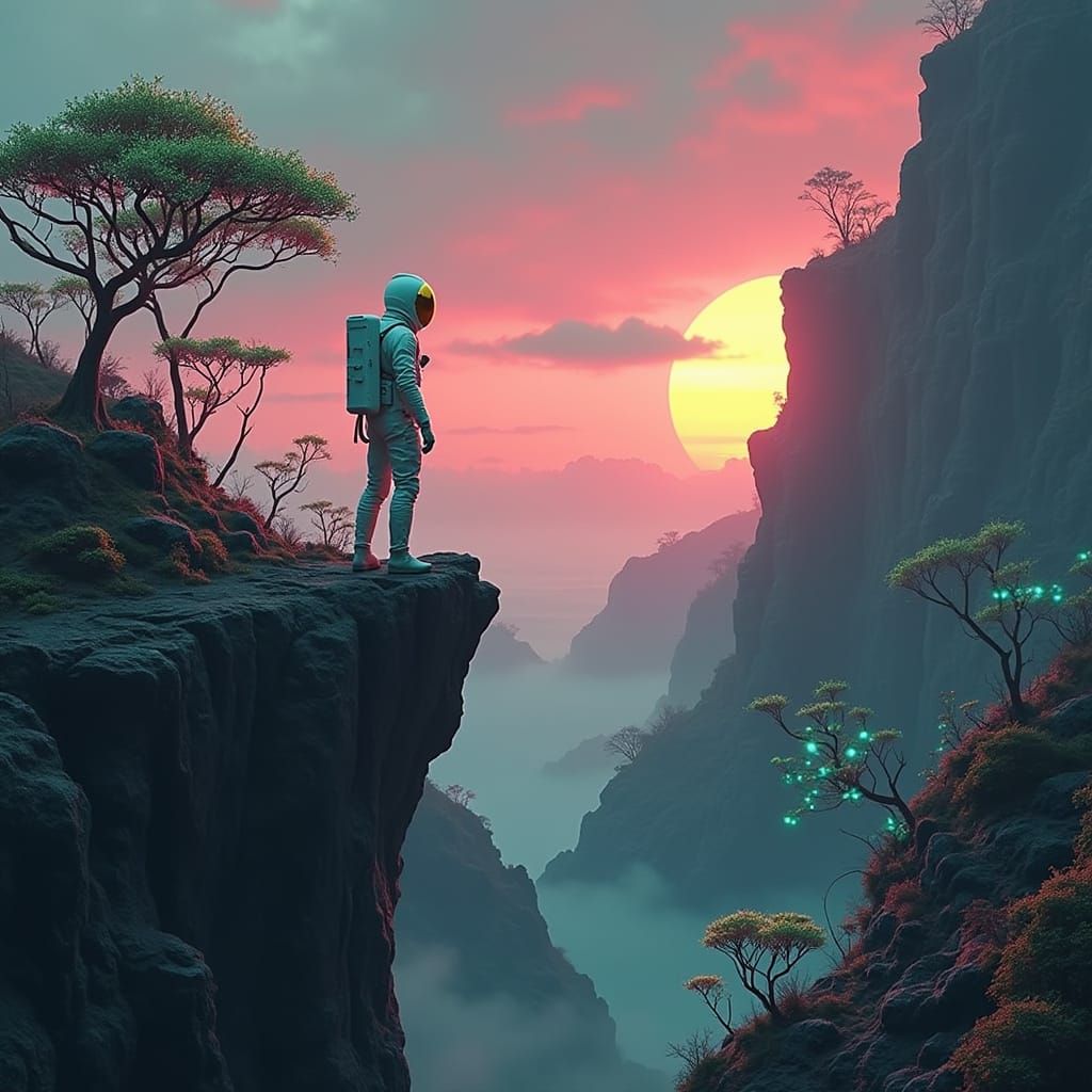 Futuristic Astronaut Amidst Alien Landscape with Neon Sunset