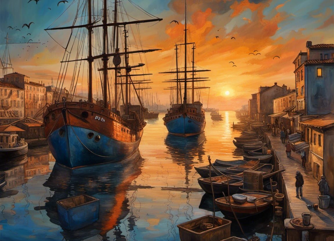 Seaport Sunset in Miró Style, Cinematic Photography