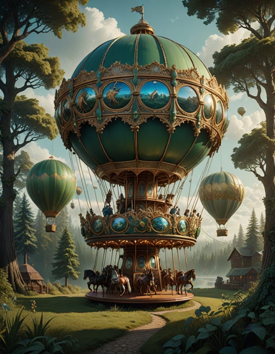 Steampunk Carousel Hangs From Hot Air Balloon Amidst Redwood...