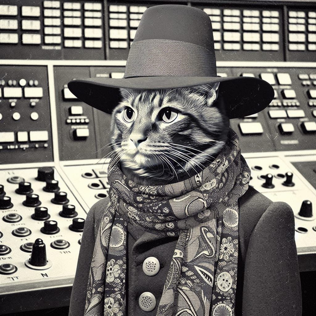 Time-Traveling Cat in Vintage Sci-Fi Style
