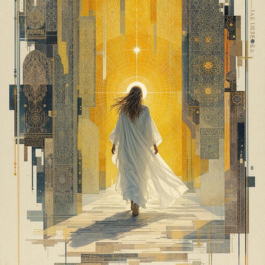 Mystical Figure Walking in Sunlight: Digital Illustration