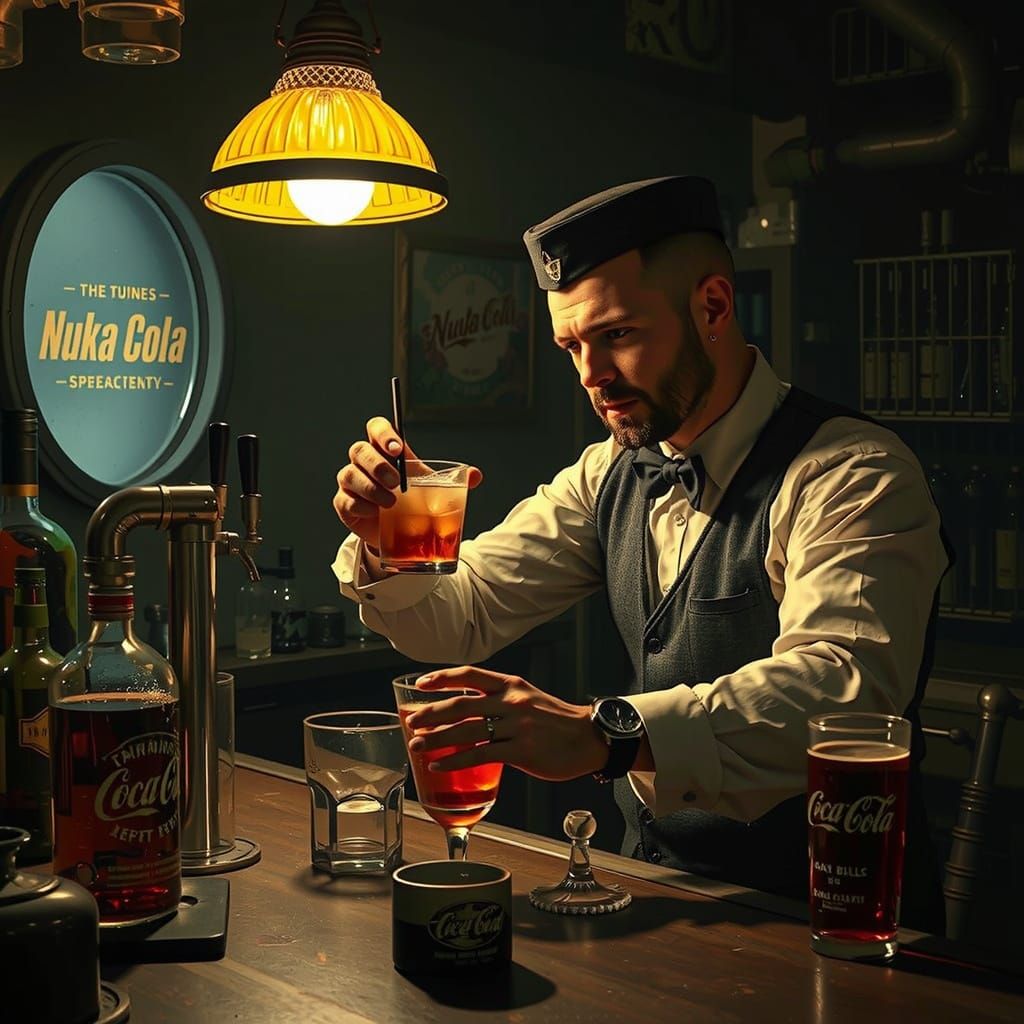 Fallout Bartender in Retrofuturistic Speakeasy
