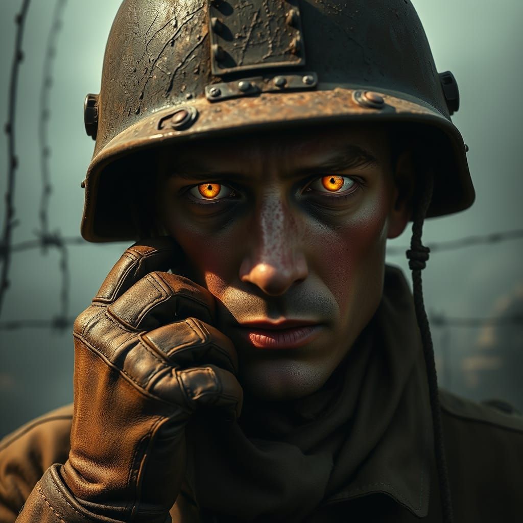Battle-hardened WWII Soldier with Golden Eyes in Mysterious,...