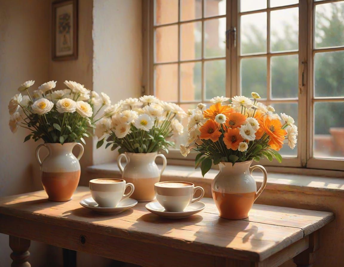 Impressionist Cafe Scene with Warm Golden Light