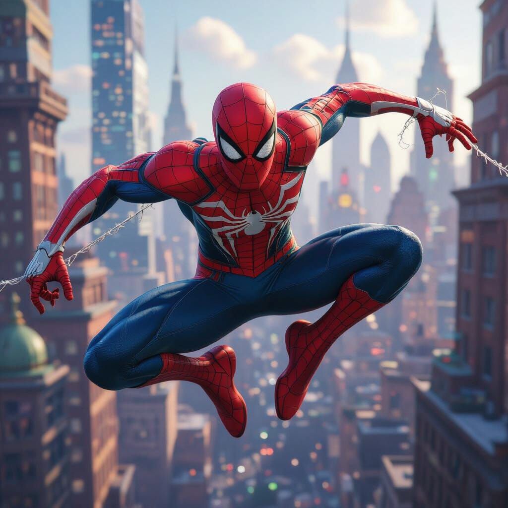 Spider-Man in Dynamic Fantasy Cityscape