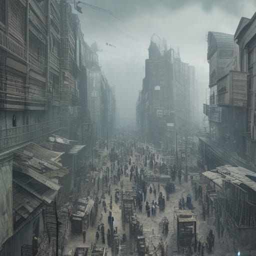 Dystopian Street Scene with Crowd in Blue