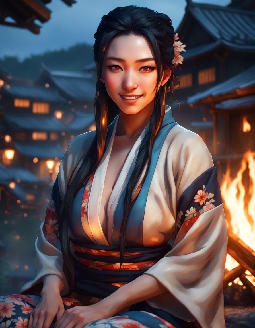 Stunningly beautiful Japanese female with long braided black hair wearing kimono style bikini sits at campfire at night ...
