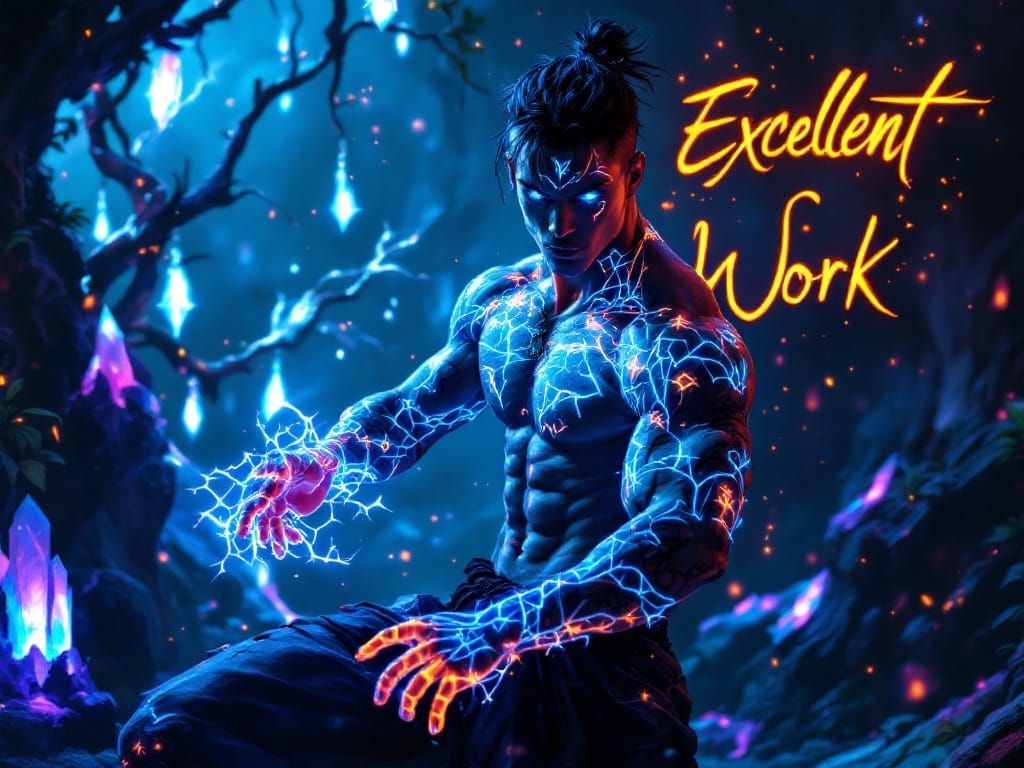 Electric Blue Storm Mage in Cyberpunk Landscape