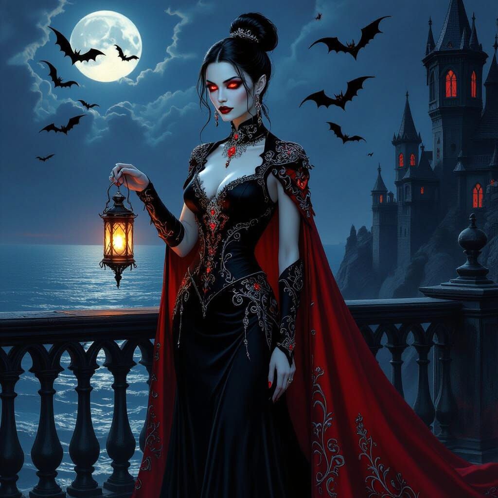 Vampire Princess on Gothic Balcony Overlooking Moonlit Ocean