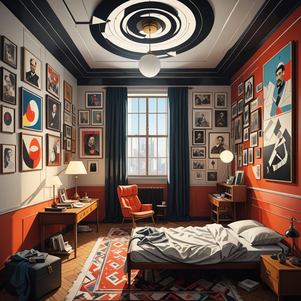 El Lissitzky Style Bedroom with Glowing Lamp