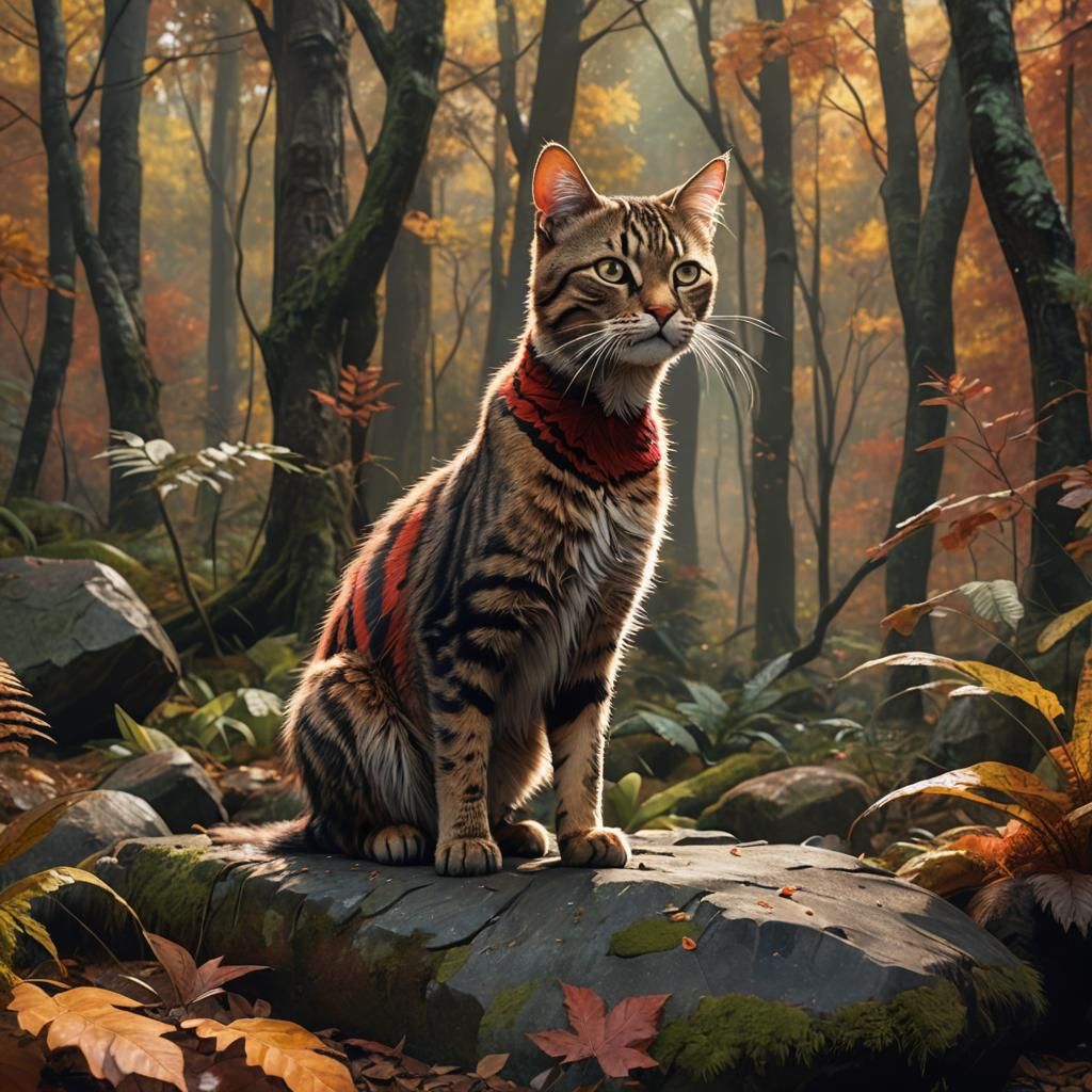 Russet Tabby Cat in Autumn Forest, Detailed Matte Painting
