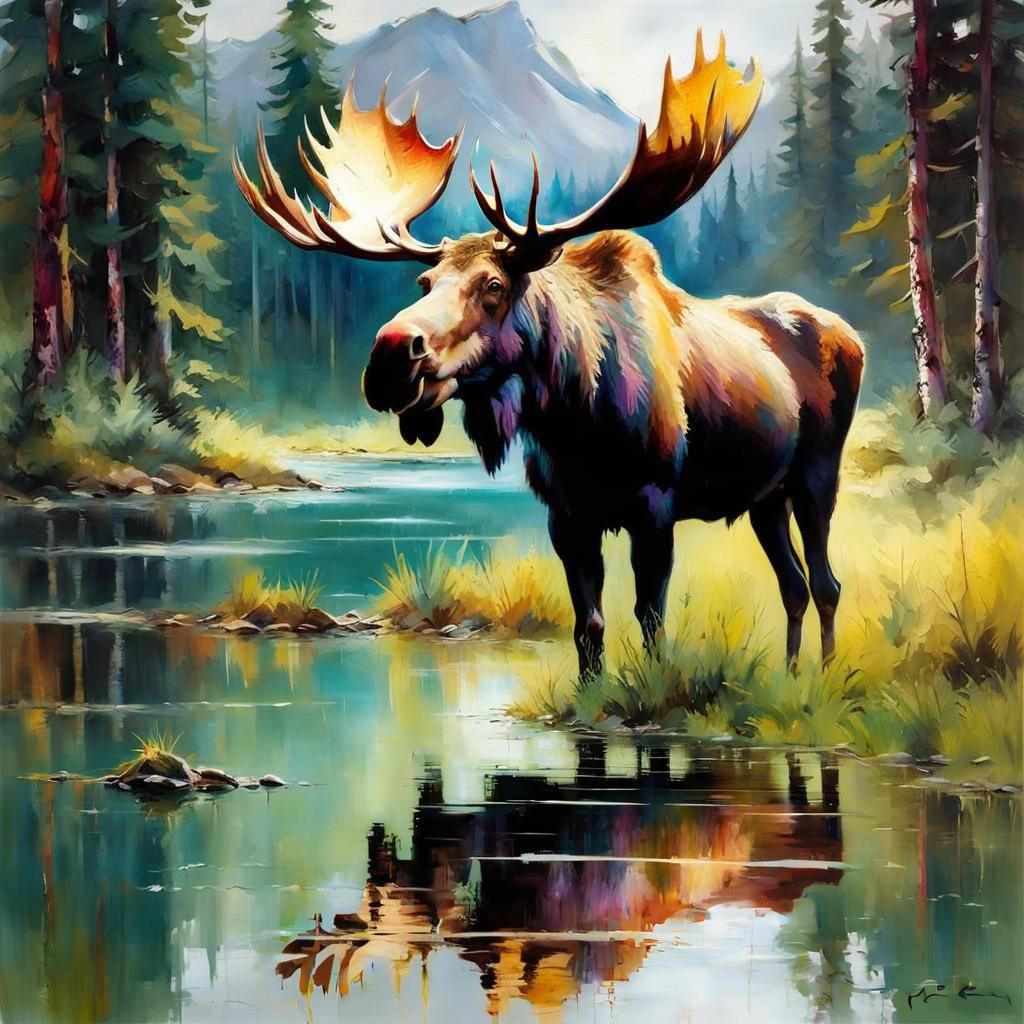 Majestic Moose in Forest, Fine Art Oil Painting