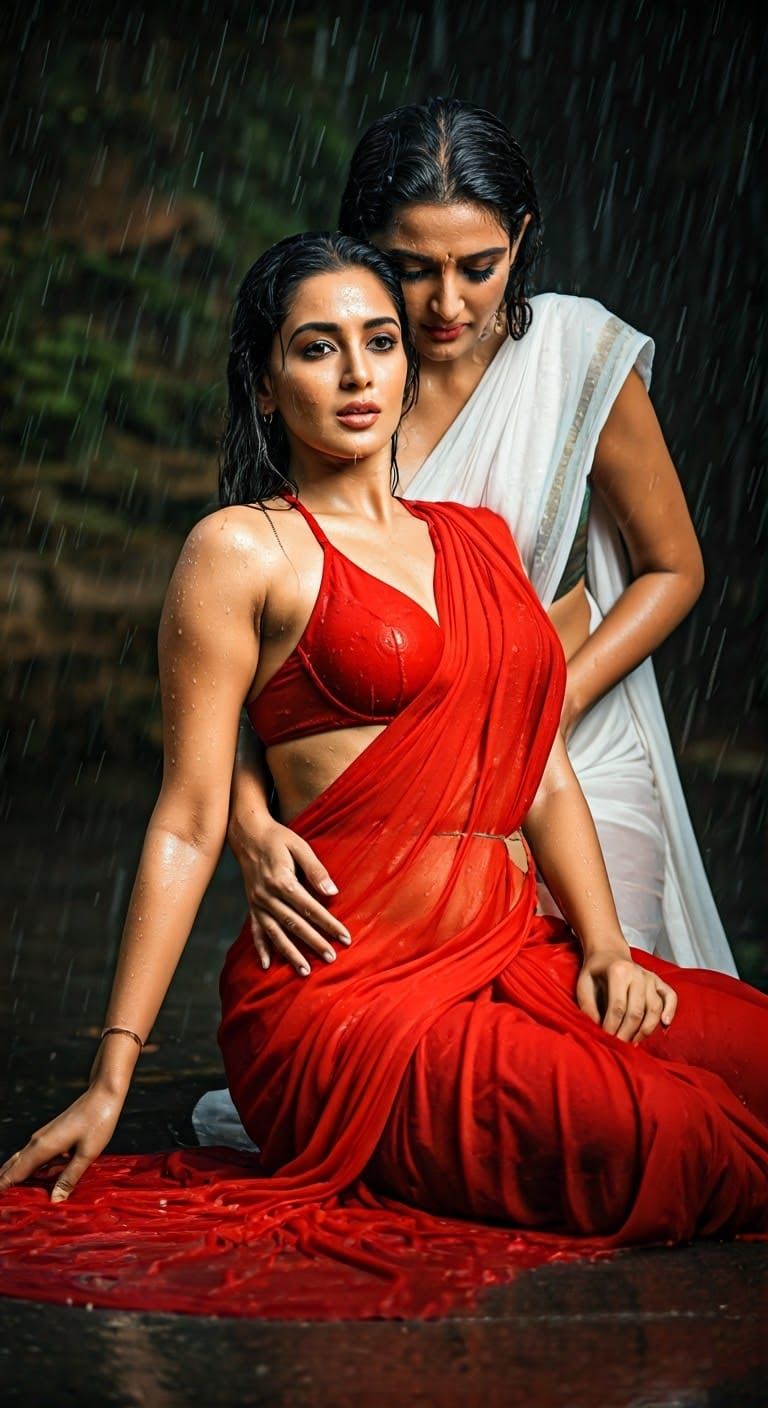 Exquisite Indian Beauty in Scarlet Chiffon Saree, Embracing....