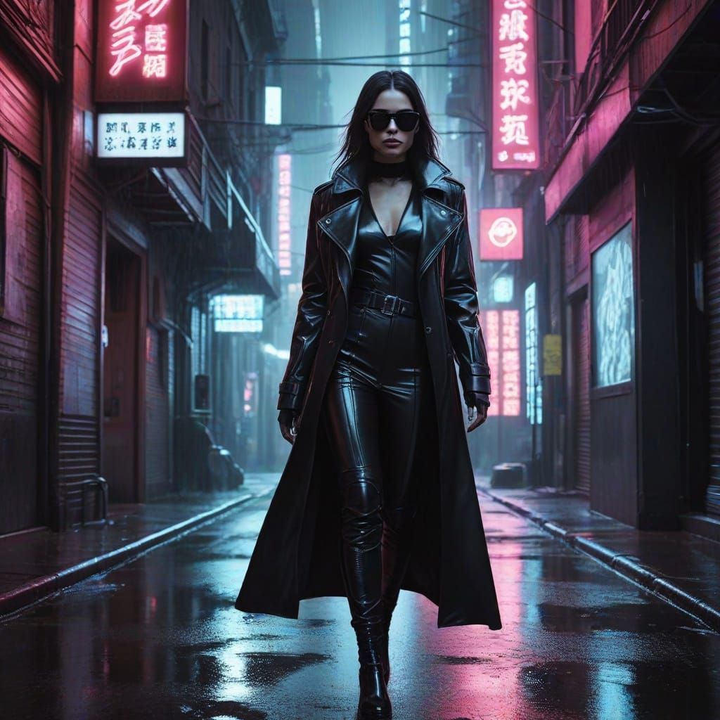 Cyberpunk Women in Neon Noir Alleyway