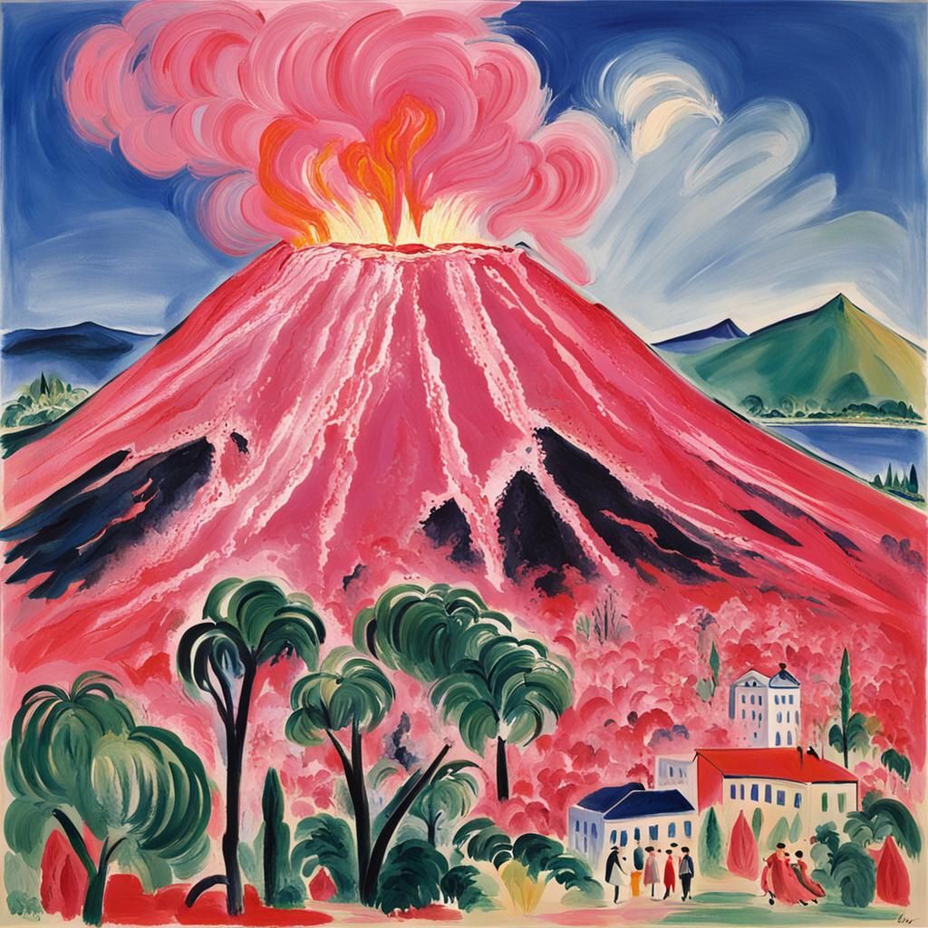 Volcano Erupting Pink Lava, in Fauvist Style