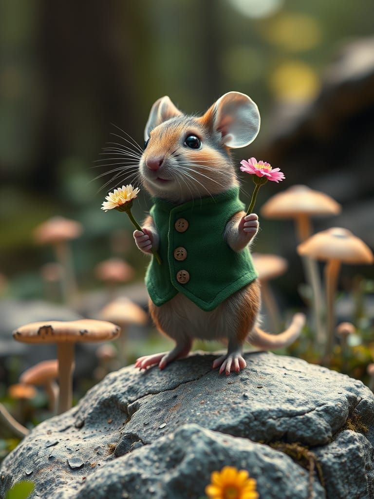 Cute Mouse in Green Velvet Waistcoat Stands in Whimsical For...