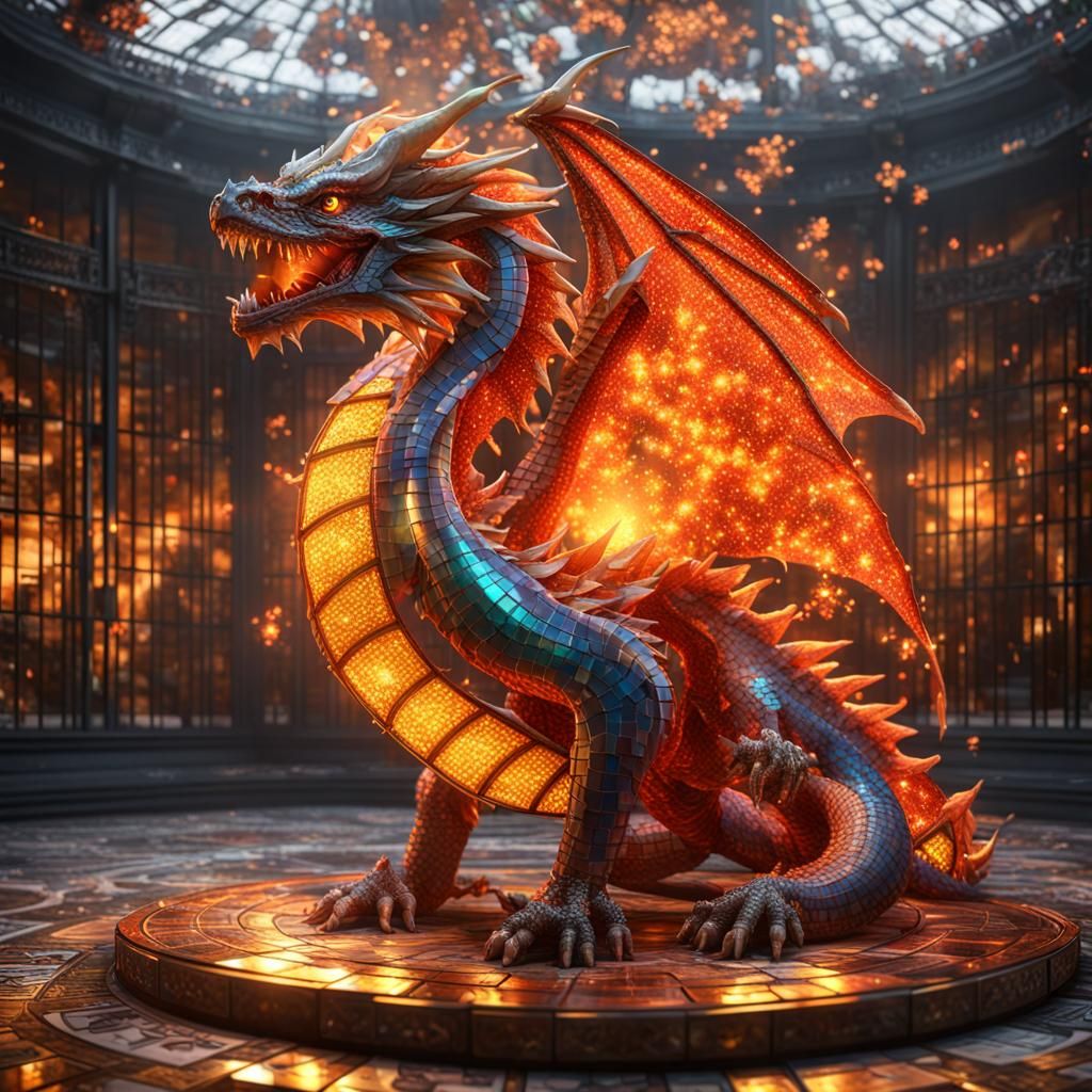 Fire Dragon in Mosaic Cage, Cubist Style