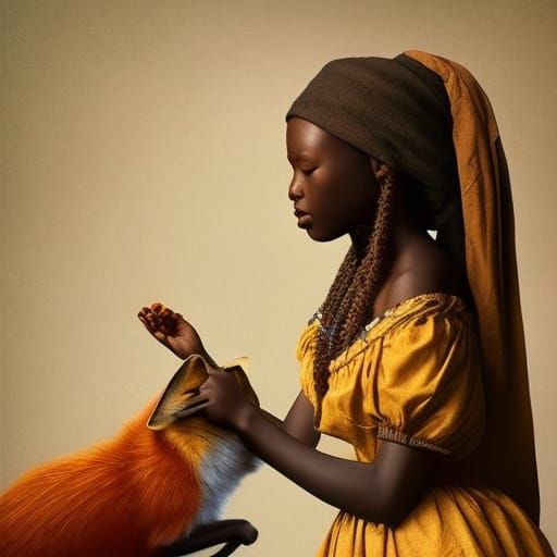 African Girl with Fox in Vermeer Style