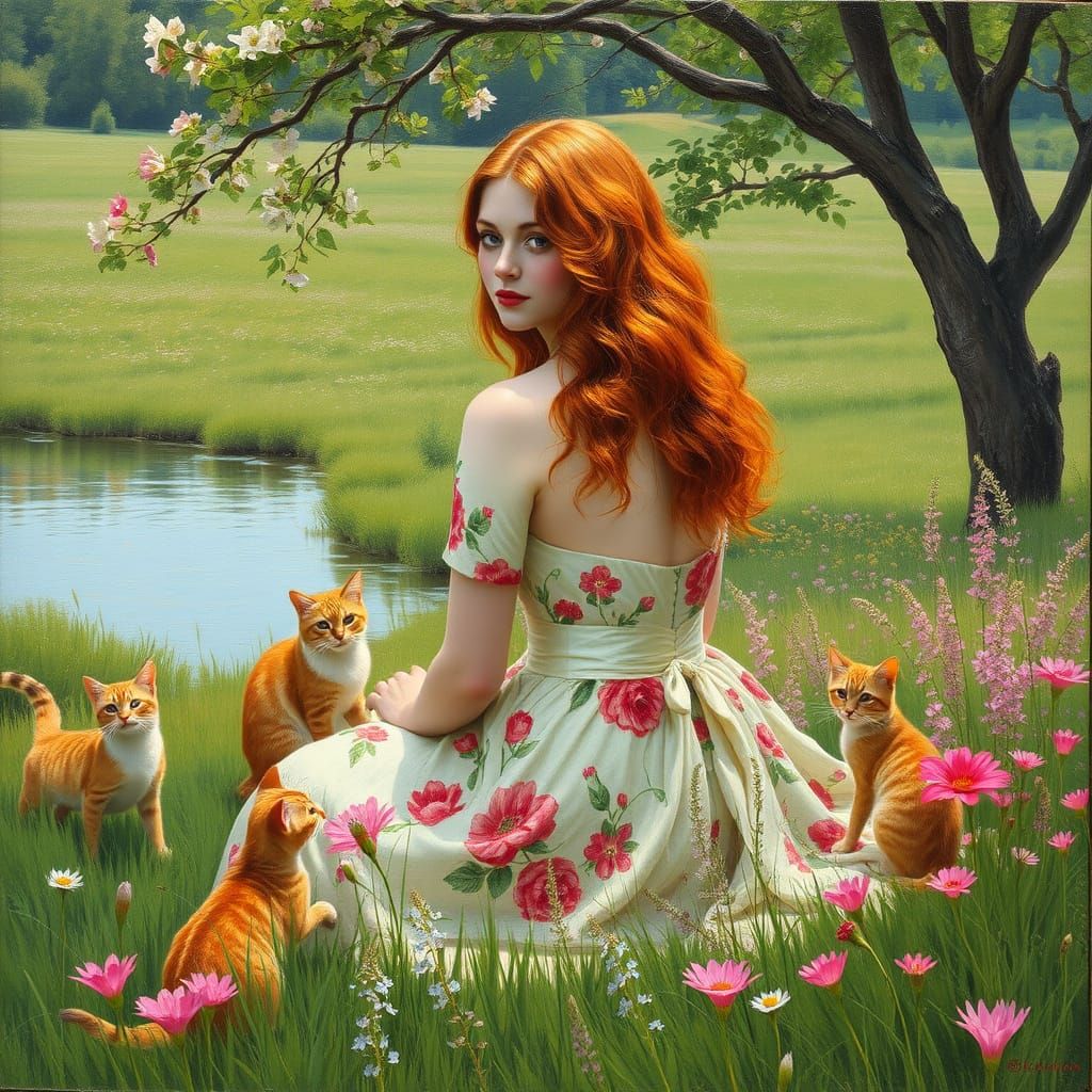 Rouge-haired Woman in Spring Floral Robe, Surrounded by Play...