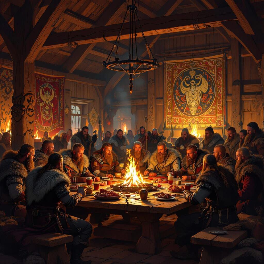 Viking Longhouse Feast: Norse Mythology in Hyperrealism