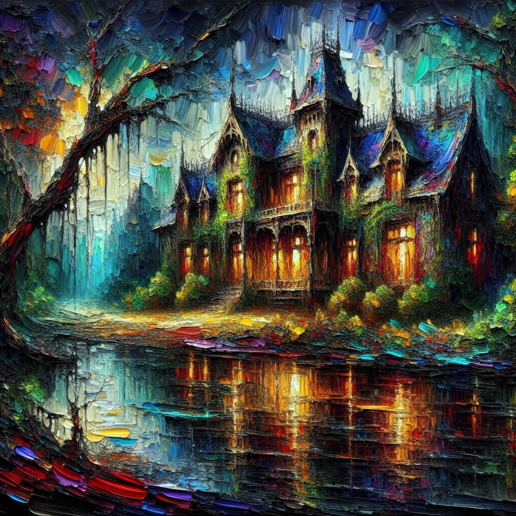 Ethereal Neo-Impressionist Manor in Desolate Swamp