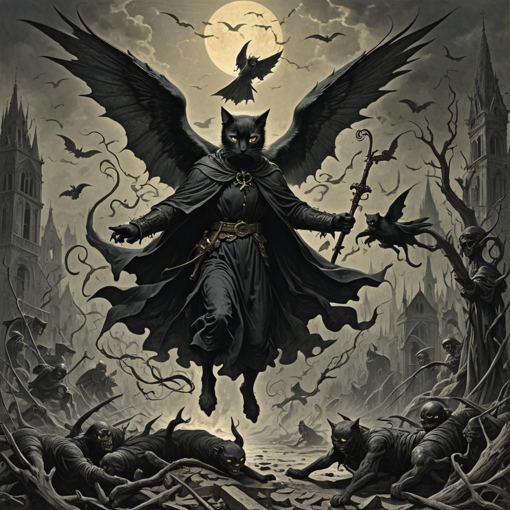 Black Cat Hunts Grim Angel in Gothic Horror Style