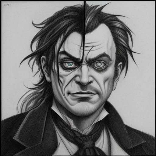 Crazy Dr Jekyll and a sane  Mr Hide   drawing,, black and wh...