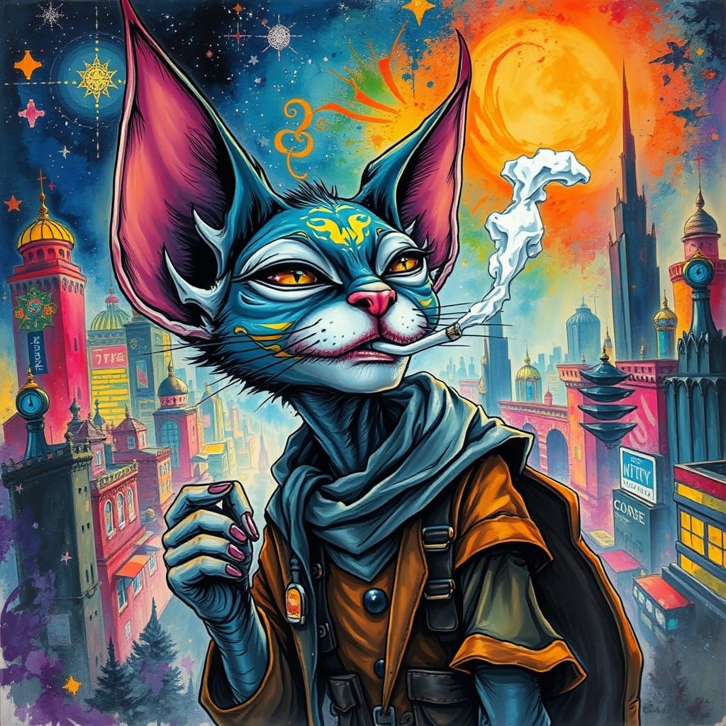 Vibrant Alien Cat-Elf in Whimsical Cityscape Fantasy