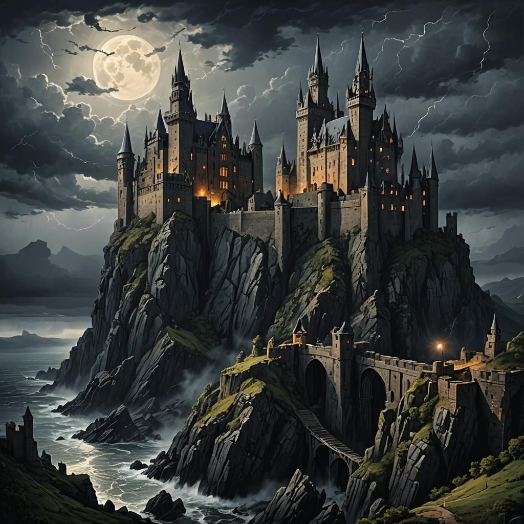 Foreboding Gothic Castle on a Stormy Cliff