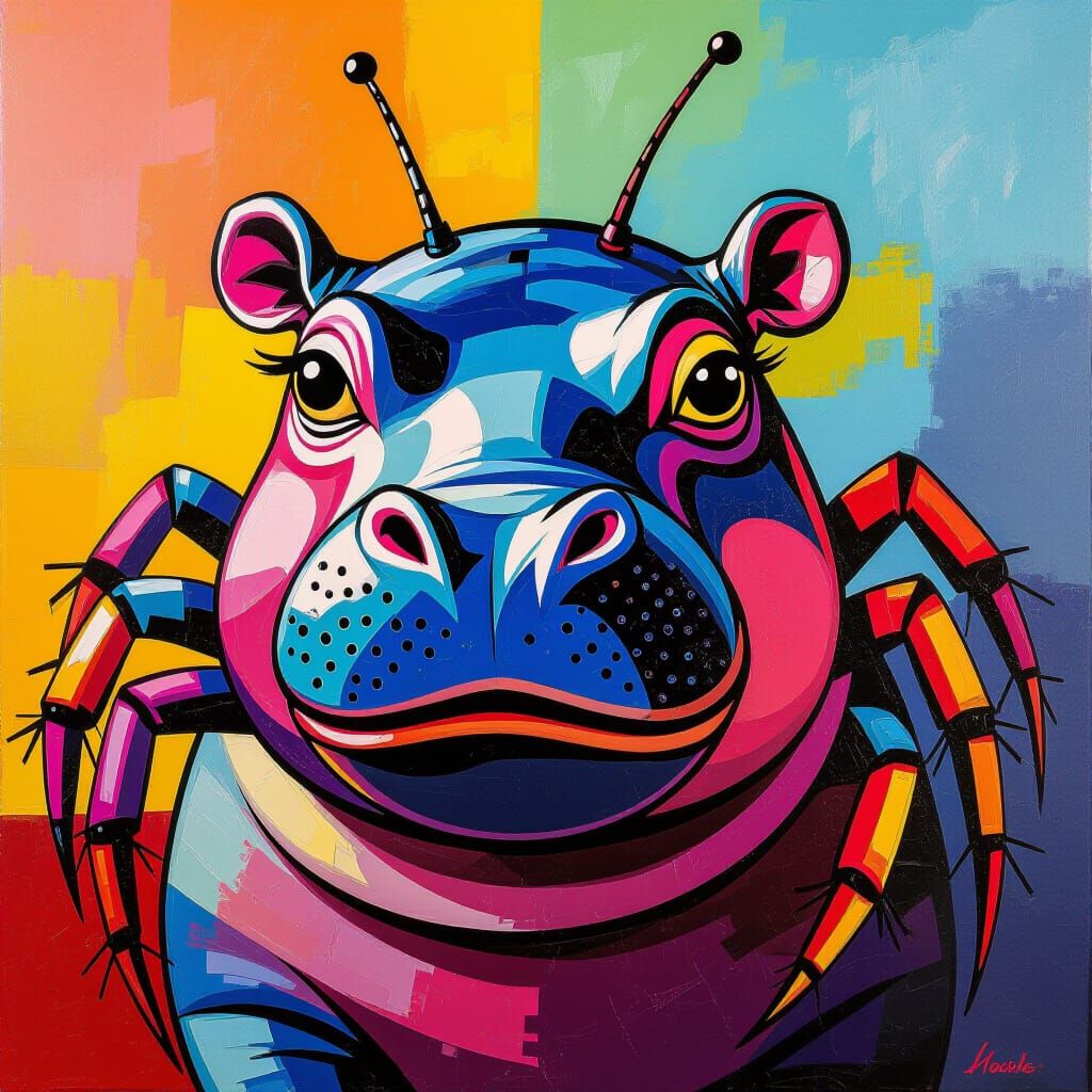 Funny Hippo Spider Hybrid in Vibrant Pop Art Style