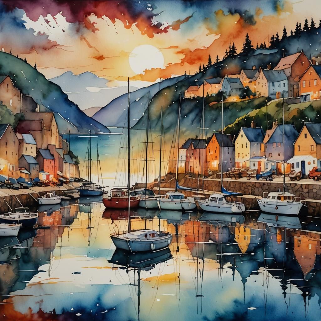 Yachts in Coastal Harbour at Sunset: Watercolor Ink