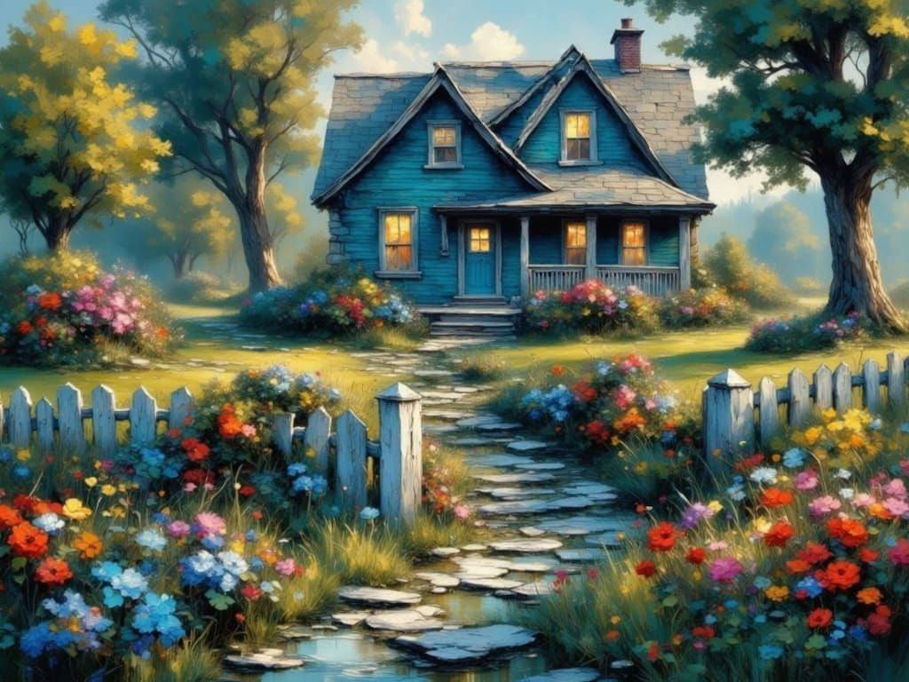 Impressionist Blue House with Flower Garden