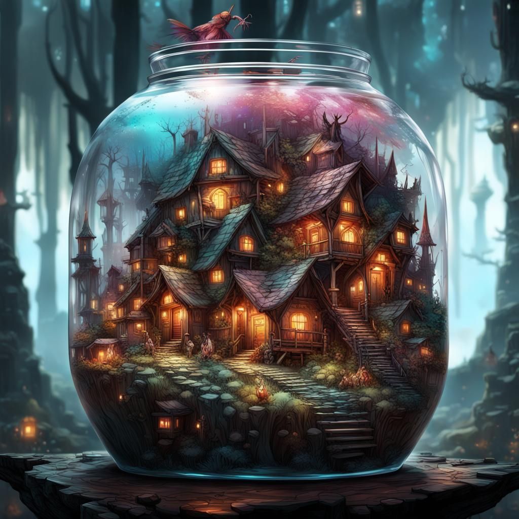 Fairy Village in Jar: Digital Surrealist Art
