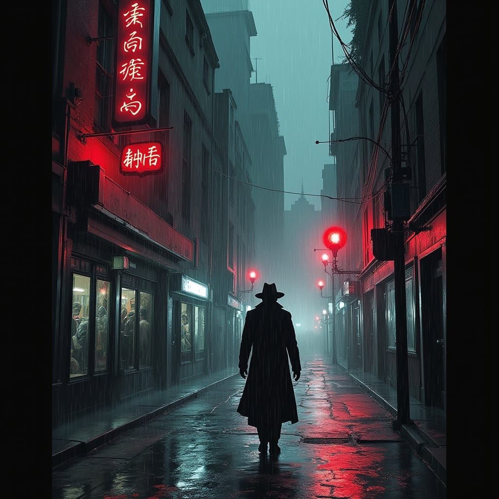 Noir Dreamscape City: Detective Navigates Surreal Streets