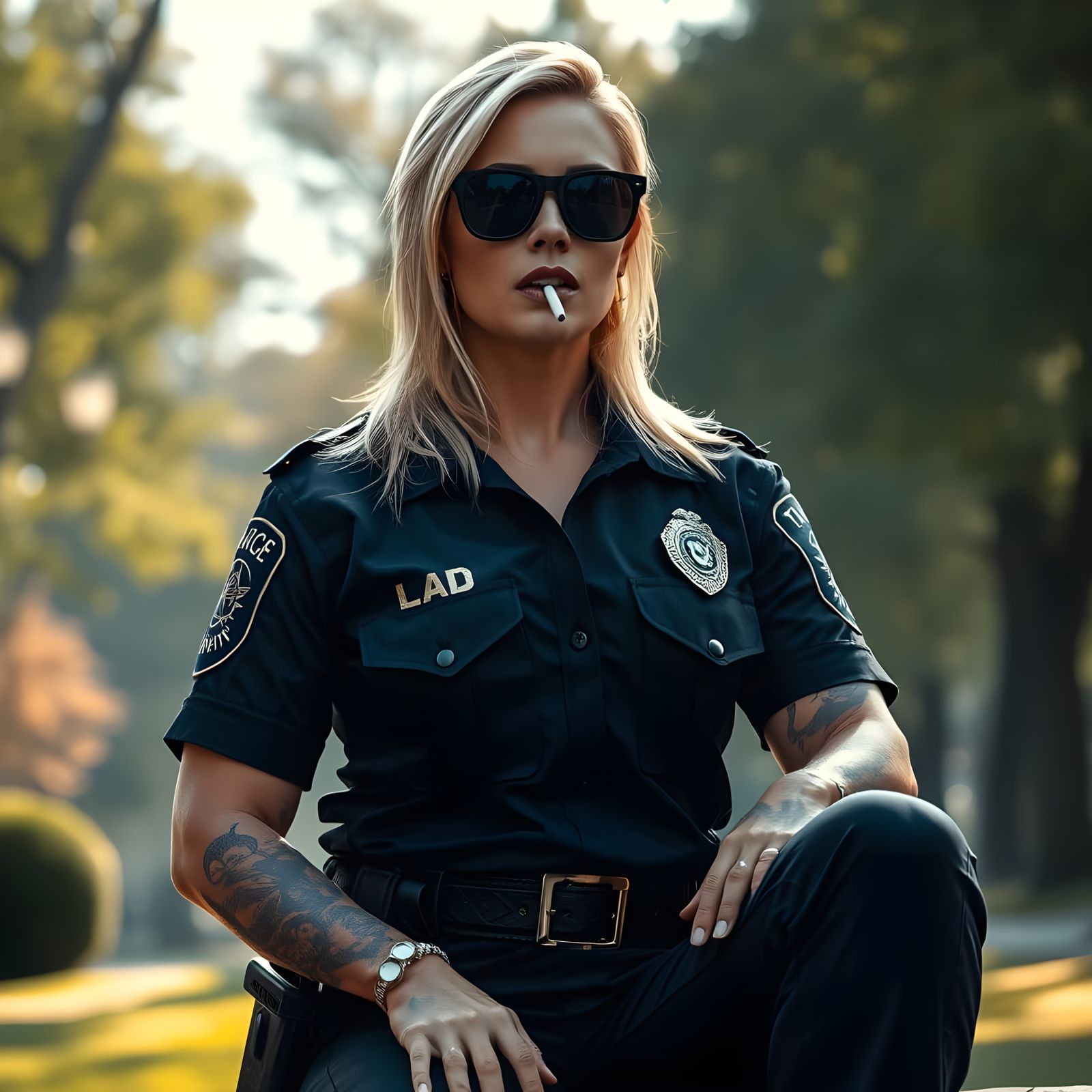 Muscular Policewoman in Park, Digital Painting